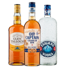 Old Captain Caribbean rum wit, bruin
of spiced fles à 700 ml of Glen Talloch Schotse
whisky of Esbjaerg vodka fles à 1000 ml